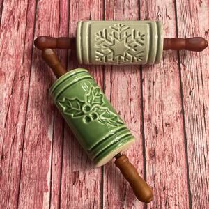 Vtg. Christmas Ceramic Embossing Mini Rolling Pins Holly Snowflake Cookie Decor